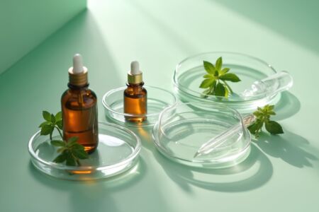 Abstract cosmetic lab with chemical glassware, dropper bottles, cosmetic products, green leaf branch. Natural skincare concept, shadows. Herbal medicine, cosmetology. Development of beauty products