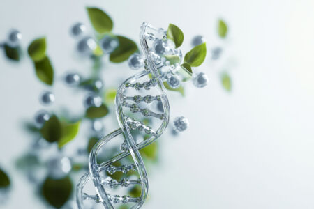 In a plant laboratory, DNA structures blend with green leaves and biochemistry elements against a white background, illustrating the connection between science and nature.